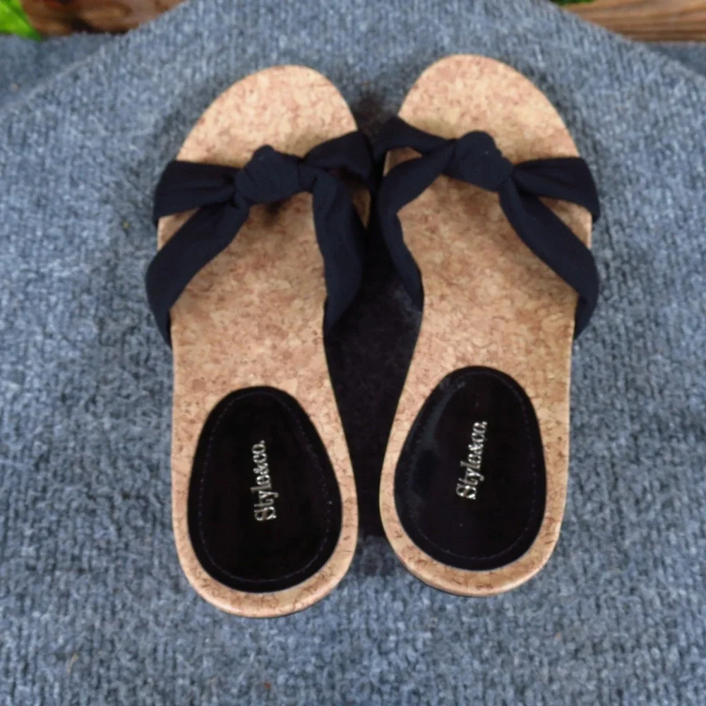 Style & Co Alice Women Wedge Sandals Size 7M Summer Dressy Black Textile Cork